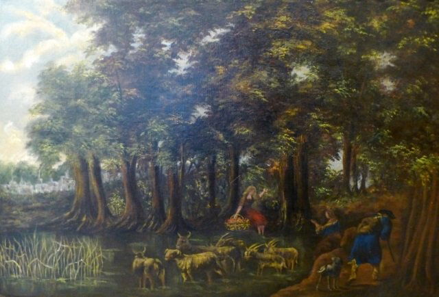British school, oil on canvas: Untitled: Ladies and shepherd in forest Oil on canvas. Unframed: 22 1/4 in x 32 1/2
