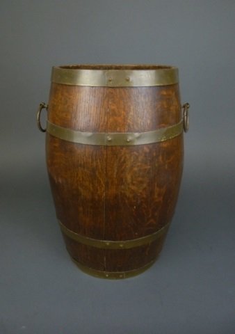 Oak barrel form umbrella stand with brass straps
