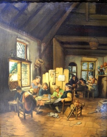 Oil on board, 19th Century Dutch school: Local pub interior