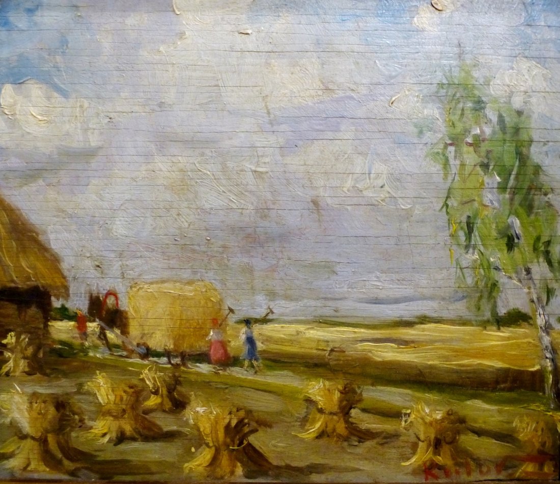Boris Krilov (Russian, 1891-1977): Untitled: Field of hay sheaves Oil on board. Signed lower right Unframed: 5 1/4 in. x 6 in. Framed: 11 in. x 12 in.