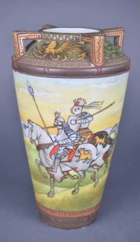 Nippon hand painted knights on horseback vase: Nippon hand painted knights on horseback vase Depicting Sir Lancelot with landscape ground, brown slip work border. Green M-in-Wreath, H 24.7 cm. (9 3/4 in.)
