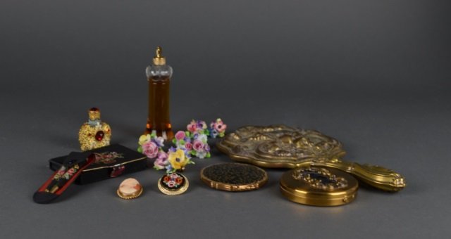 Collection of costume jewellery: Collection of costume jewellery - including Art Nouveau hand held mirror, perfume, micro mosaic pin & compacts.