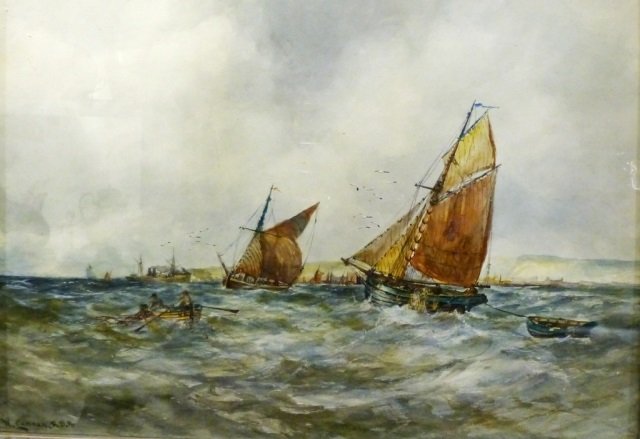 Walton Cannon (British, 1840-) RBA: Walton Cannon (British, 1840-) RBA Untitled: Fishing scene Watercolour on paper. Signed 'W. Cannon RBA' at lower left. Unframed: 14 x 20 in.