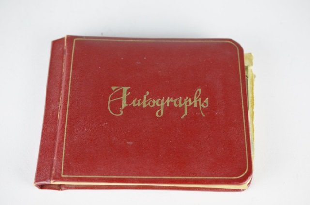 AUTOGRAPH BOOK SIGNED BY JOHN WAYNE: also The Deep River Boys (x2), Bob Goulet, The Crew Cuts, Bob Hope, Jerry Colonna, Joan Fairfax, Joyce Hahn, Sylvia Lennick, Johnny Wayne, Alex Barris, Frank Shuster, Toby Robins, Judy Holliday and Sa
