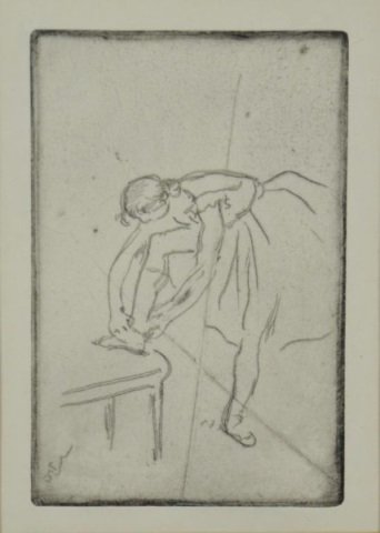 EDGAR DEGAS (French 1834-1917): DANSEUSE METTANT SON CHAUSSON Engraving Signed lower left; canceled plate Unframed: 7 x 4 1/2 in. (17.8 x 11.4cm) Framed: 14 1/4 x 12 in. ( 36.2 x 30.5cm)