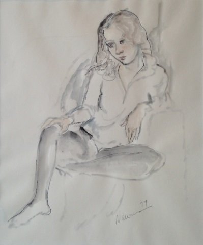 JOHN BEATTY NEWMAN (Canadian, b. 1933): BLACK TIGHTS Watercolour and pencil on paper Signed and dated 1979 lower right Unframed: 16 x 14 in. (40 x 35 cm. ) Framed: 22 x 19 1/2 in. (56 x 49.5 cm)