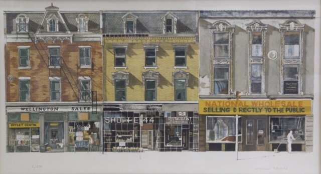 WILLIAM GRIFFITH ROBERTS (Canadian, 1921-2001): UNTITLED: Street shops, Flat-Iron Building & Massey Hall Silk Screen Numbered 2/250 Signed lower right Unframed: 13 x 23 1/2 in. (33 x 60 cm.)