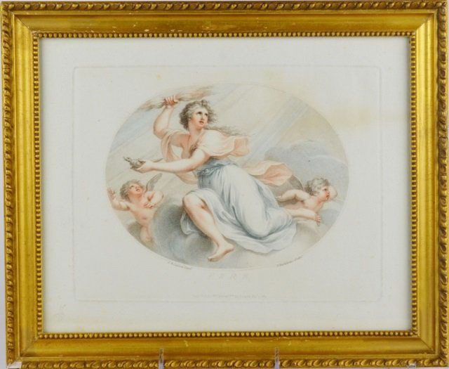 FRANCESCO BARTOLOZZI COLOURED PRINTS: Engravings, etchings after Giovanni Battista Cipriani, published by W. Palmer of London. Three of the four elements: AIR, FIRE & EARTH. Water damage to lower edge of two.