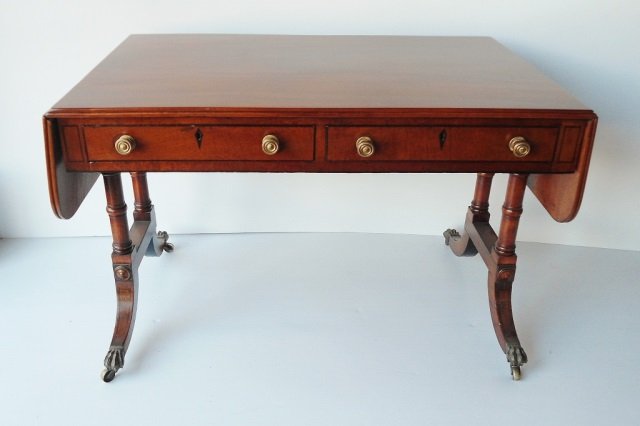 DUNCAN PHYFE LIBRARY TABLE: - Walnut with drop leaves and two drawers. Ht. 28 in. x 41 in x 24 7/8"