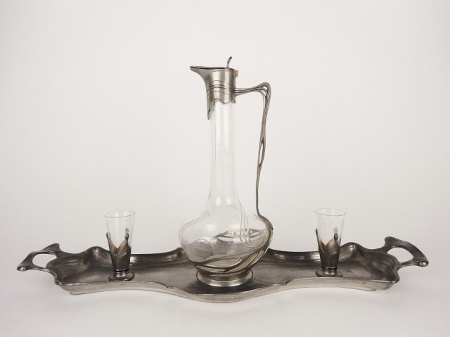 ART NOUVEAU ORIVIT PEWTER & CUT GLASS CARAFE: C. 1905 on pewter tray with 2 shot glasses. Carafe ht. 22cm (8.5 in.)