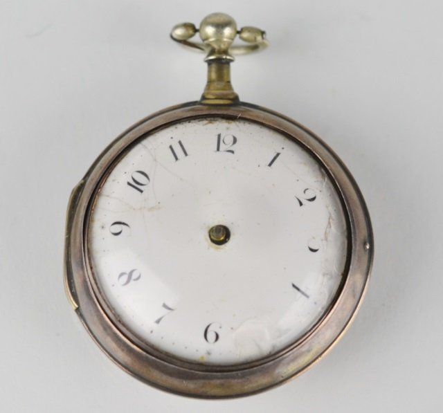 GEORGIAN SILVER CASED POCKET WATCH: Sterling silver case by Thomas Blake, London. Date letter for 1803. Interior and exterior case fully hallmarked. Movement numbered 1196. 140 g with movement. D: