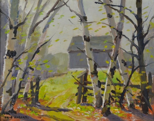 TOM ROBERTS (Canadian, 1908-1998) ARCA, OSA: UNTITLED: The Way to the Barn Oil on board Signed lower left Unframed: 8 x 10 in. (20 x 25.4 cm.) Framed: 13 1/2 x 15 1/2 in. (34 x 39 cm.)