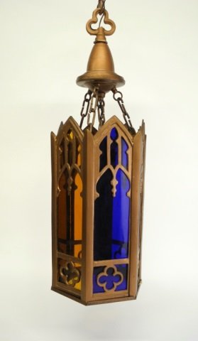 GOTHIC REVIVAL STYLE HANGING FIXTURE: Gilt metal frame with glass panels in red, cobalt blue, clear and amber.