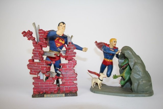 2 AURORA PLASTIC MONSTER MODEL KITS: Assembled models of Superman and Super Boy. Ht of tallest 20.5 cm. (8 in.)