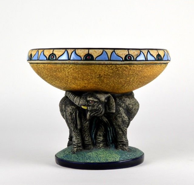 AMPHORA ELEPHANT FIGURAL COMPOTE: Czech c. 1918 - 1939 with enamel decoration. Ht. 20 cm. (8 in.)