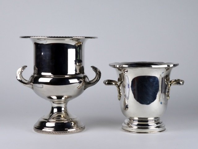 TWO SILVER PLATE WINE COOLERS: H of tallest: 27 cm. (10 5/8 in.) Good condition overall.