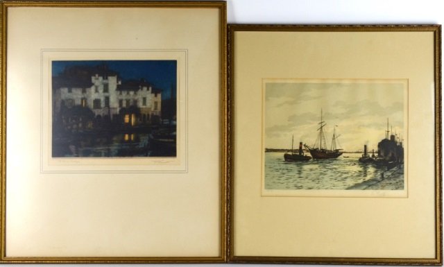FREDERICK MARRIOTT & ERNEST ROTH COLOURED ETCHINGS: F.MARRIOTT (British, 1860- 1941) MARTIGUES, FRANCE. Signed lower right. Framed: Ernest David Roth Untitled: Ships in Harbour Framed: 47.5 x 42.5 cm. (18.5 x 16.5 in.)