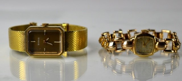 TWO VINTAGE LADIES WRIST WATCHES: Including 17 jewel gold filled link watch by Bulova, circa 1940 (Bulova 6AH) together with a Birks watch.
