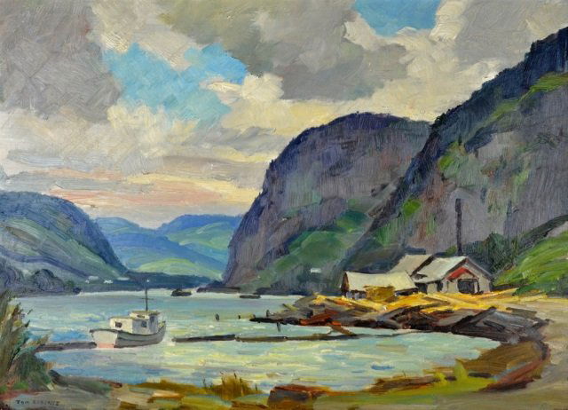 Tom ROBERTS (Canadian, 1908-1998) ARCA, OSA: THE ST. MAURICE RIVER AT GRAND PILES QUEBEC Oil on board Signed Tom Roberts lower left Unframed: 16 x 22 in. (40 x 55.8 cm.) Framed: 23 x 29 in. (58.4 x 73.6 cm.) Titled with Roberts Gallery label at