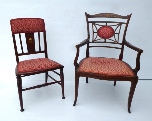 EDWARDIAN ARM CHAIR AND SMALL SIDE CHAIR: Mahogany with fine marquetry, small chair has mother of pearl inlay. Note condition.