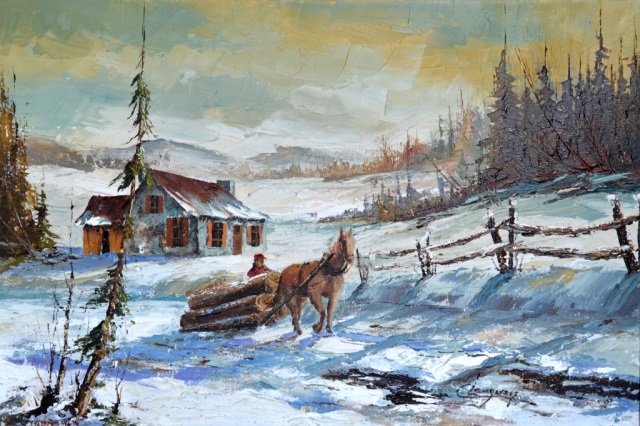 Claude LANGEVIN (Canadian, b.1942): UNTITLED: Quebec Winter Logging Scene Oil on canvas Signed lower right Image: 24 x 36 in. Overall: 32 1/2 x 44 1/2 in.