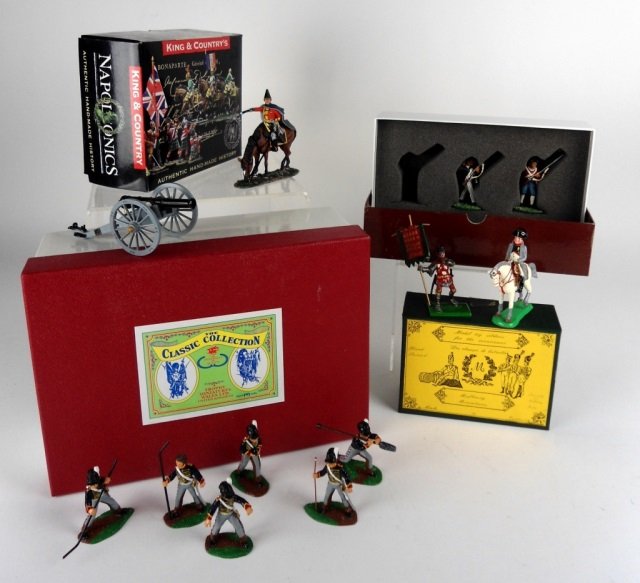 BRITAIN AND OTHER METAL SOLDIERS: Including Britain set in box (missing 1), American Revolution set in box (missing 1), Mulberry Miniatures in box, composite Napoleon in box. Length longest box 28 cm. (11 in.)