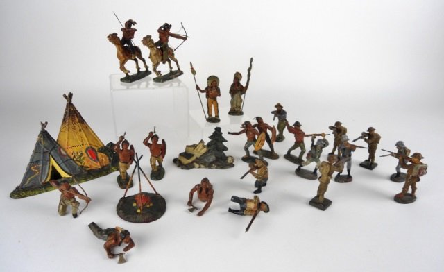 LINEOL COMPOSITE FIGURES: 25 pieces total including 4 cowboy figures, 11 Native Indians, 3 set pieces & 7 soldiers. Some minor flaws to some pieces. (see photos) Ht. tee pee 13.5 cm. (5.25 in.)