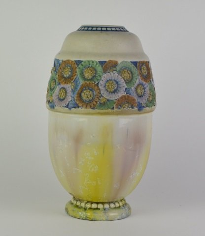 MOUGIN NANCY ART POTTERY VASE: French art pottery vase decorated with raised floral band and iridescent glaze. Converted to lamp base. H: 13 1/4 in. D: Good condition.