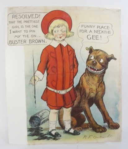 BUSTER BROWN BOW TIE GAME ON LINEN: Missing the bow ties and stapled to white board. size 29.5 x 24.25 in.