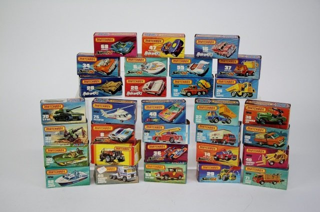 TWENTY ONE LESNEY MATCHBOX VEHICLES: Lot includes 9 Superfasts- Seafire (new #5), Mini Ha Ha (new #14), Formula 5000 (new #36), Skip Truck (new #37), Cosmobile (new #68), Vantastic (new #34), De Tomaso Pantera (new #8), Tractor Shovel (#