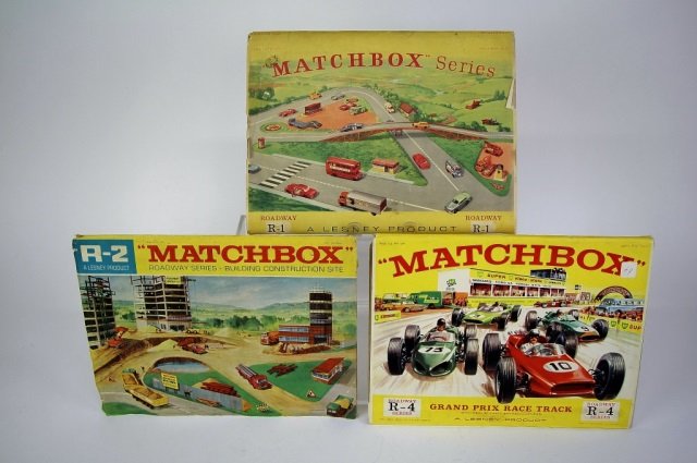 THREE LESNEY MATCHBOX ROADWAY SERIES: Lot includes R-1 series, R-2 Building Construction Site and R-4 Grand Prix Race Track.