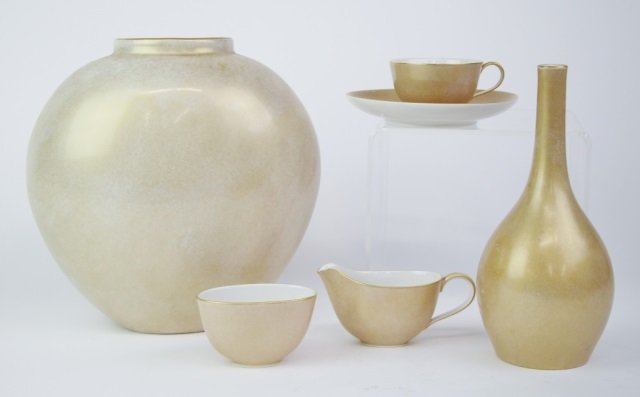 LOT OF KPM GOLD DUST PORCELAIN: Consisting of 2 vases, cream & sugar and 2 demi-tasse. Ht. of tallest vase 21.5 cm. (8.5 in.)