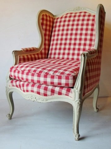 LOUIS XV STYLE WINGBACK ARMCHAIR: Painted with checkered upholstery.