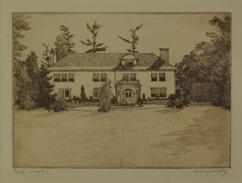 HORNYANSKY, Nicholas (Canadian, 1896-1965): Untitled: House Etching, Proof (Sample) Signed lower right Image size:4 5/8 x 6 1/8 in. (11.7 x 15.5 cm.) Framed: 10 x 11 1/2 in. (25.4 x 29.2 cm.)
