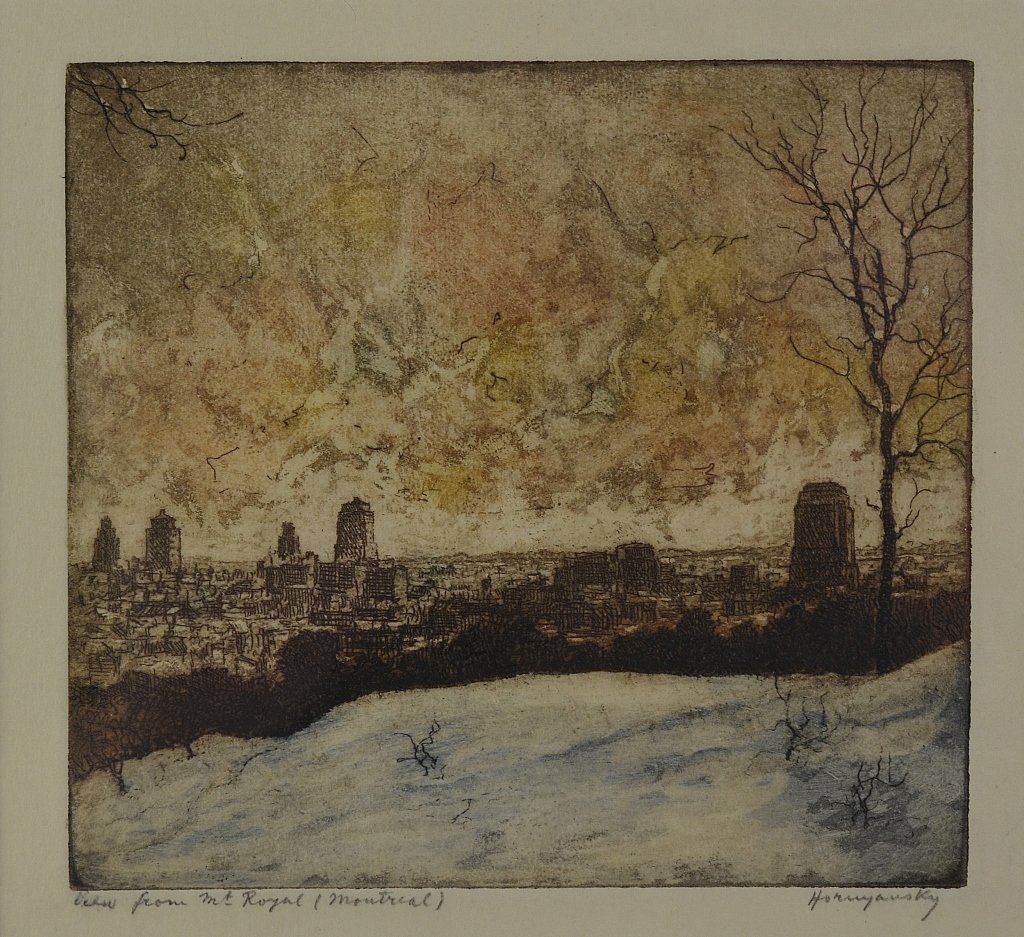 HORNYANSKY, Nicholas (Canadian, 1896-1965): View From Mount Royal (Montreal) Aquatint Signed lower right Image size: 5 1/8 x 5 5/8 in. (13 x 14.2 cm.) Framed: 10 5/8 x 11 in. (26.9 x 27.9 cm.)