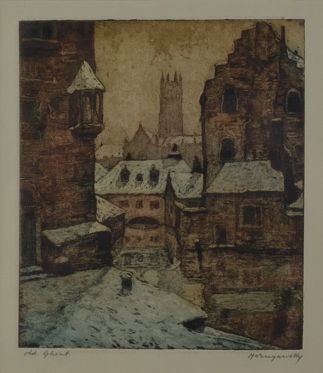 HORNYANSKY, Nicholas (Canadian, 1896-1965): Old Ghent Aquatint Signed lower right image size:6 x 5 1/4 in. (15.2 x 13.3 cm.) Framed: 11 1/4 x 10 1/2 in. (28.5 x 26.6 cm.)