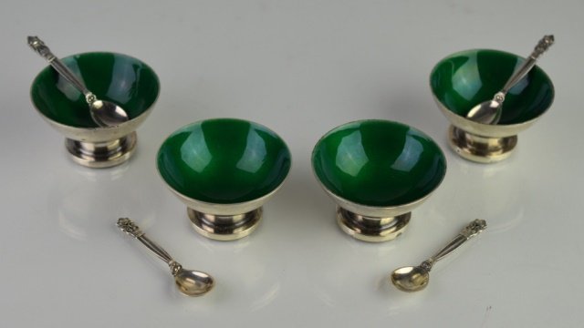 GEORG JENSEN SILVER/ENAMELED SALT CELLARS & SPOONS (1 of 5)