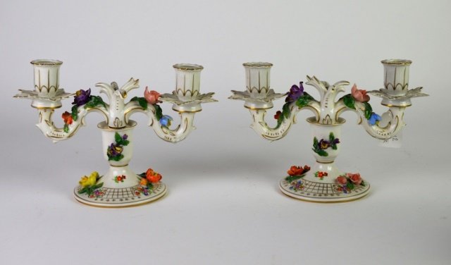 PAIR OF DRESDEN PORCELAIN CANDELABRAS: PAIR OF DRESDEN PORCELAIN CANDELABRAS Pair of two branch floral encrusted candelabrum, 20th Century. Marks for Saxon Porcelain Manufactory. Dresden, Germany. L: 9 5/8 in.