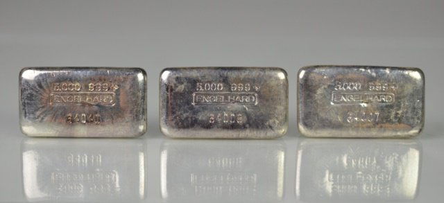 THREE .999 SILVER ENGLEHARD BARS: THREE .999 SILVER ENGLEHARD BARS Numbers 64008, 64007 & 64040. Each weighing approx 157 g. L of each approx 2 in.