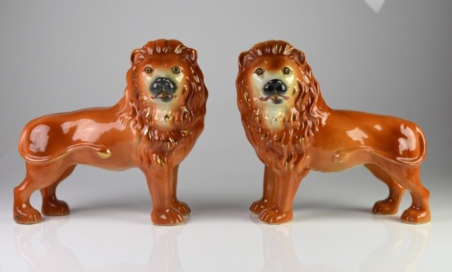 PAIR OF 19TH CENTURY STAFFORDSHIRE LIONS (1 of 3)