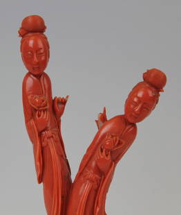 A Chinese fine natural red coral: A Chinese fine natural red coral carving group on original hardwood stand, two beauties ( Mairen) 19.3cm(7 1/2in), 167g 清 紅珊瑚 仕女