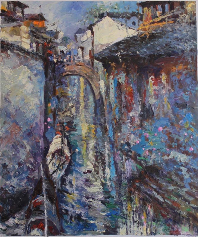 Wang Hong Ya Rivenr and tow: Wang Hon Ya (1965-) River and town Chinese oil painting Oil on Canvas，Singed and seal 64x54cm (25 1/4x21 1/2in) 王紅亞 水鄉 帆布油畫