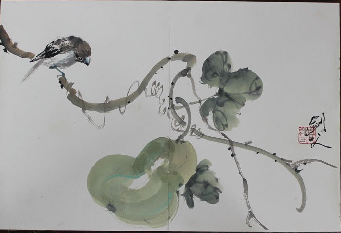 Gao Jian Fu(1879-1951), Figure Flower and Birds,: GaoJianFu(1879-1951), Figure Flower and Birds, Chinese Painting Album Framed, Paper, Signed and Seals 26x19.5cm (10 1/4x7 1/8in) 高劍父 人物花鳥 紙Ĉ