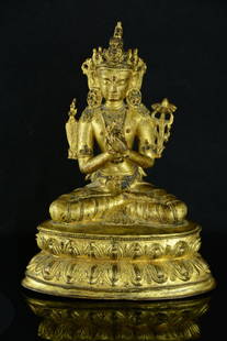 Chinese Gilt Bronze Buddha Lotus Stand, 19 Century: H: 19 cm (7 1/2 Inch) 清 鎏金銅佛像 蓮花座