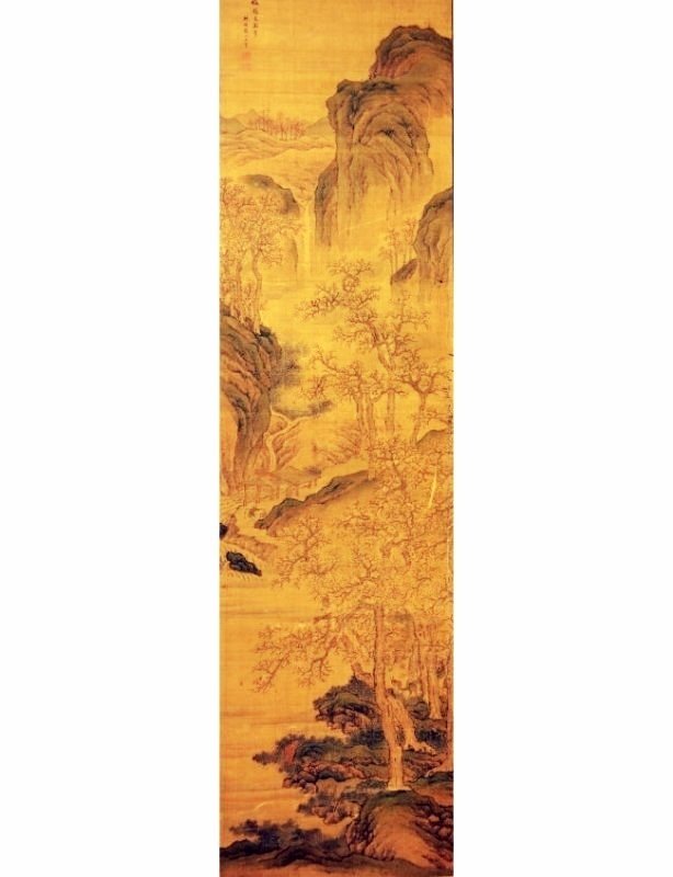 Wang Hui(1632-1717), Qing Dynasty, Chinese Landscape: Ink and color on silk, on board, signed and sealed, 162x41.5 (65x16 1/2in) 王翚(1632─1717) 清朝畫家 鏡心設色絹本： 