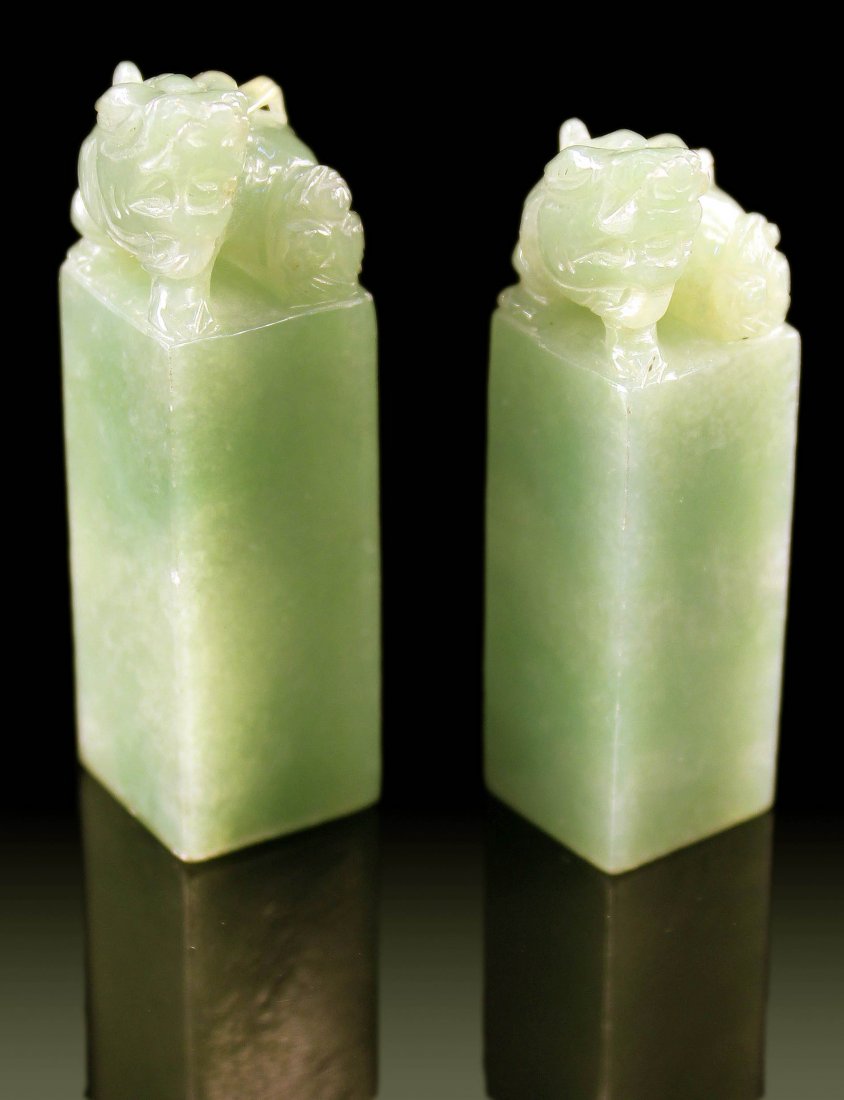 TWO CHINESE JADEITE SEALS: Guarantee Grade A jadeite or refund&#