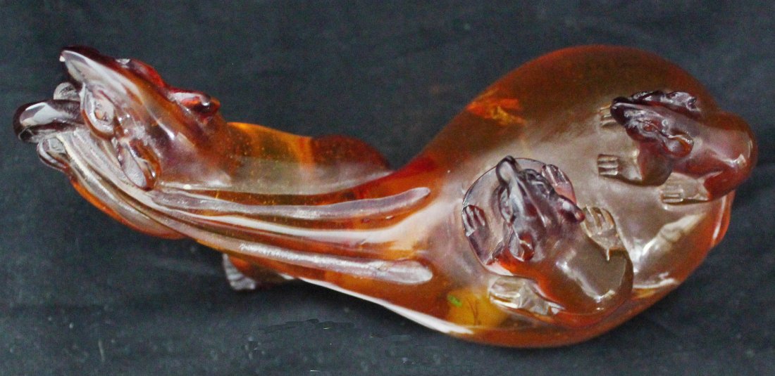 BIG CHINESE LUCKY MOUSE , COINS CARVED AMBER,QING/REPUB: "Rat" is called Day of the Star, say