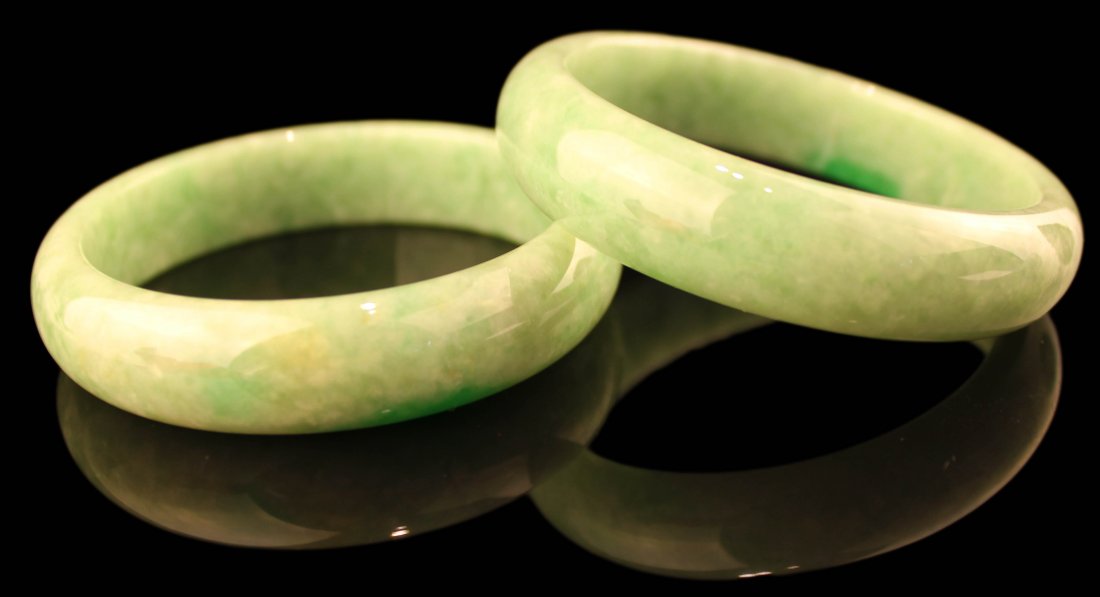 TWO NATURAL JADEITE CHINESE BANGLES: Guarantee Grade A jadeite or refund&#