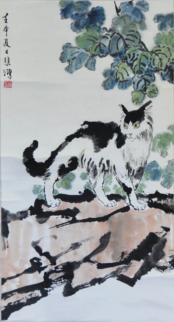 XU BEIHONG ( 1895 - 1953 ) CHINESE CAT PAINTING: Ink and color on paper, hanging scr