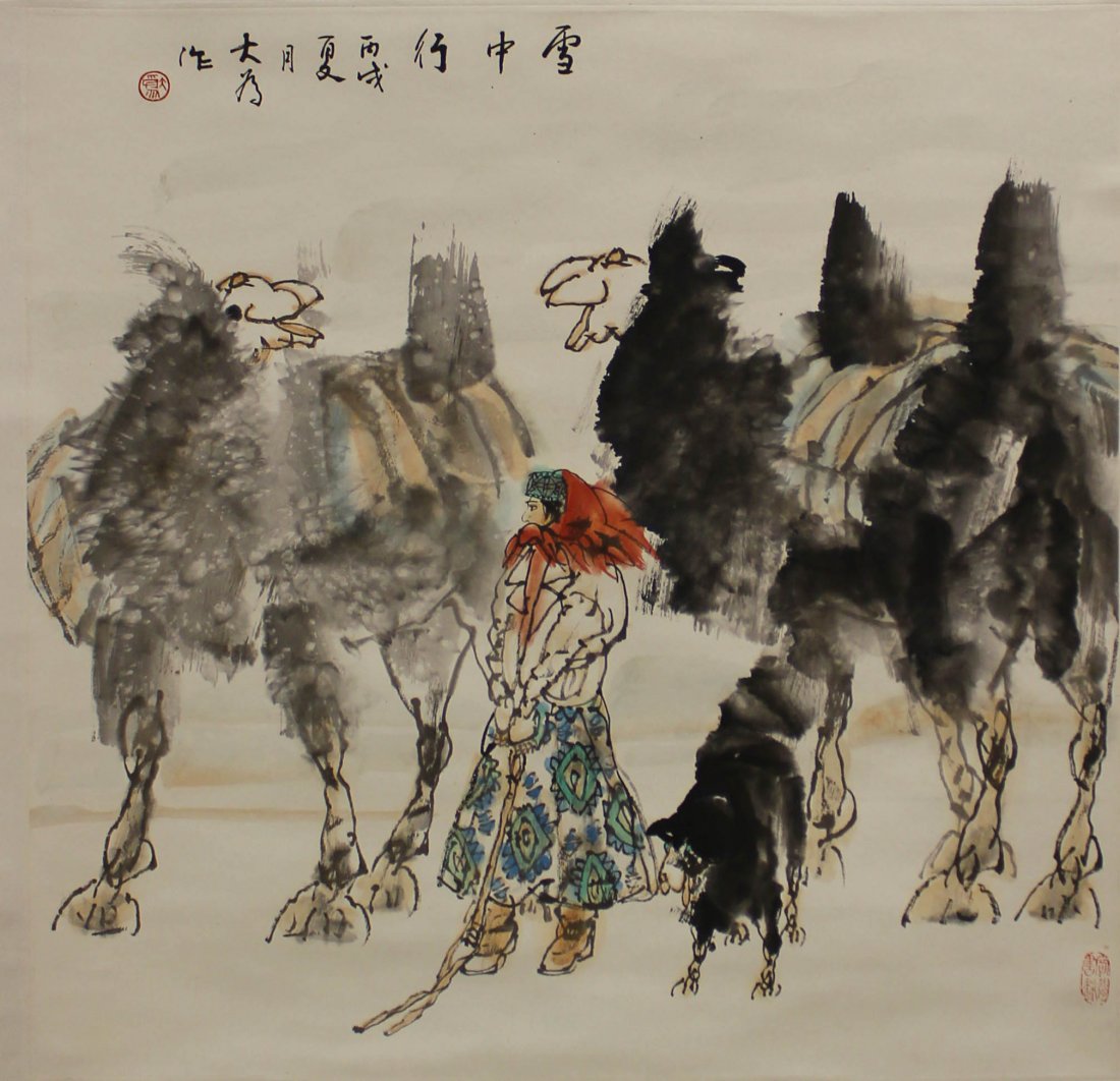 LIU DAWEI (1945 - ) CHINESE FIGURE PAINTING: Ink and color on paper, hanging scr